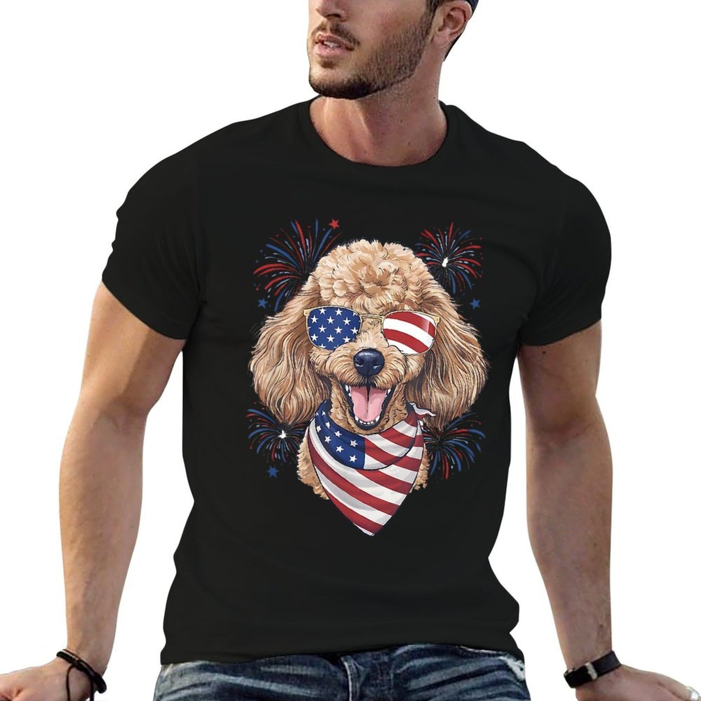 USA Flag 4th Of July Patriotic American Cute Poodle Women Kids Men  Fade-proof Color T-Shirt