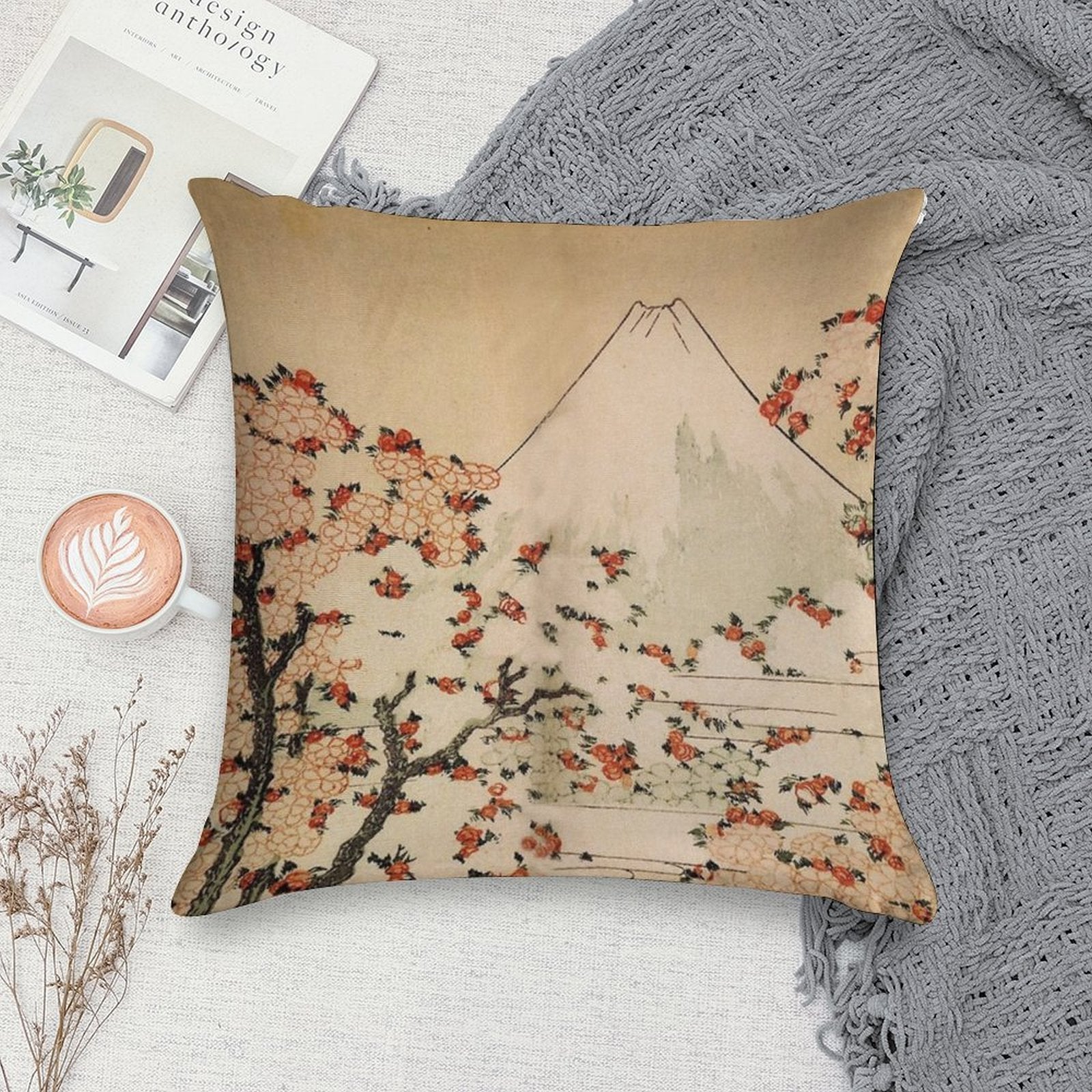 'Mount Fuji Behind Cherry Tree And Flowers' by Katsushika Hokusai (Reproduction) Soft Luxury Feel Throw Pillow