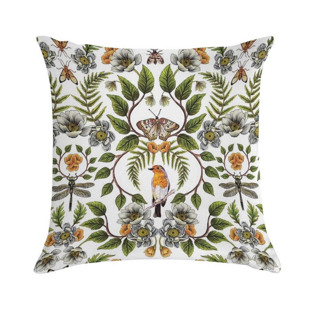 Spring Reflection - FloralBotanical Pattern W Birds, Moths, Dragonflies & Flowers Soft Gift Ready Throw Pillow