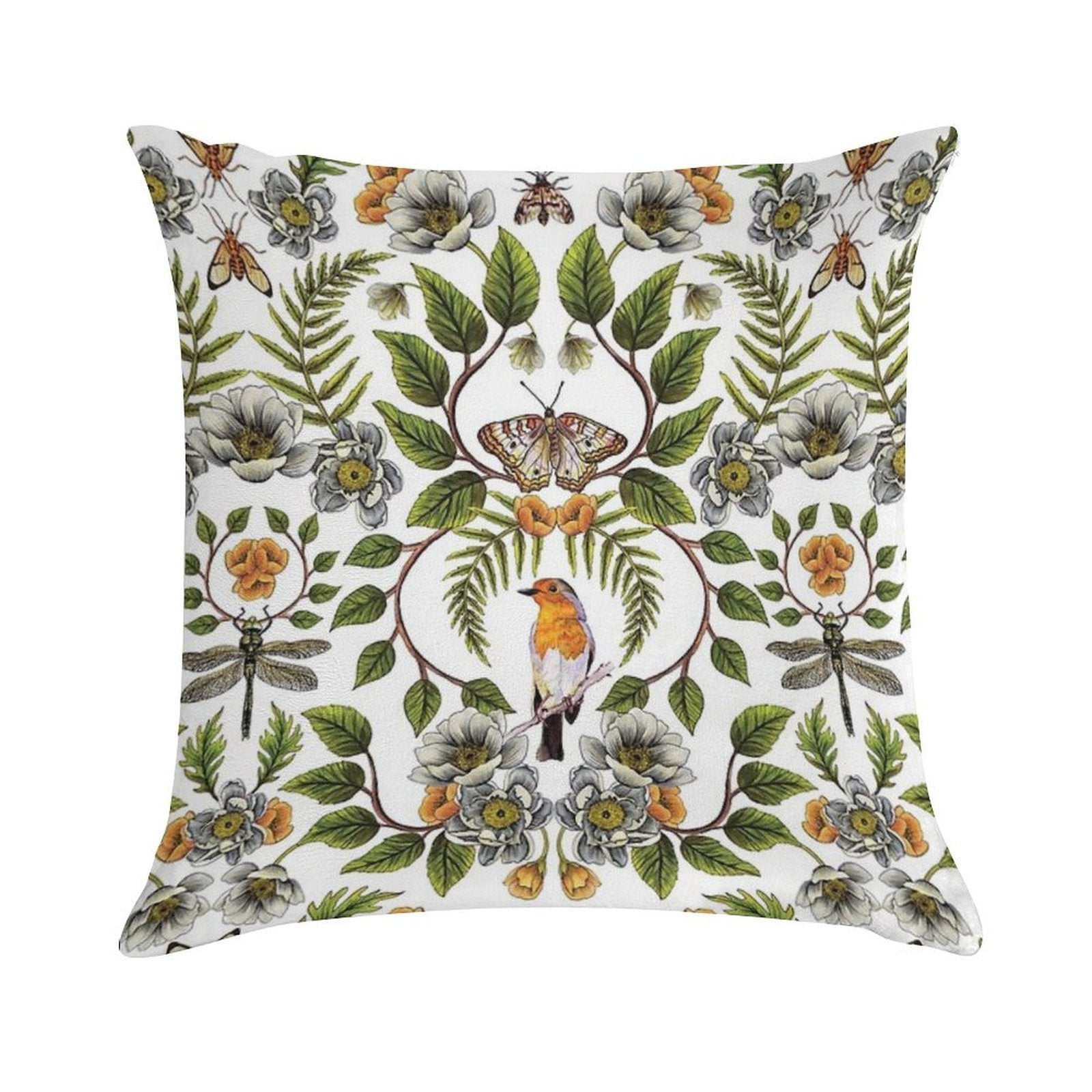 Spring Reflection - FloralBotanical Pattern W Birds, Moths, Dragonflies & Flowers Soft Gift Ready Throw Pillow