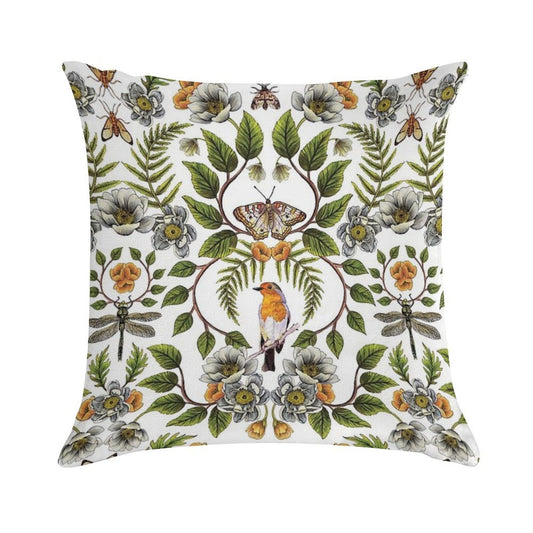 Spring Reflection - FloralBotanical Pattern W Birds, Moths, Dragonflies & Flowers Soft Gift Ready Throw Pillow