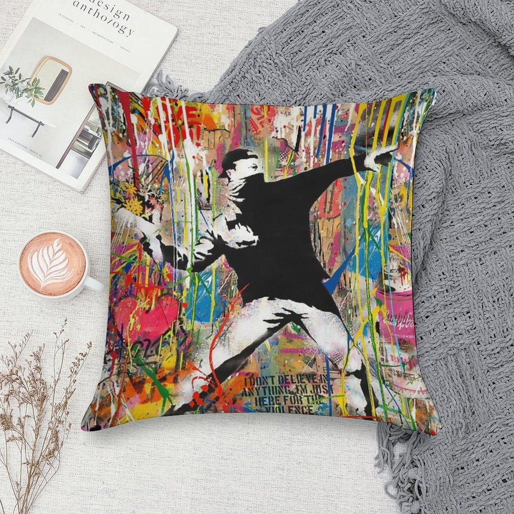 Flower Thrower Pop Street Art Colorful Soft Reinforced Edging Throw Pillow