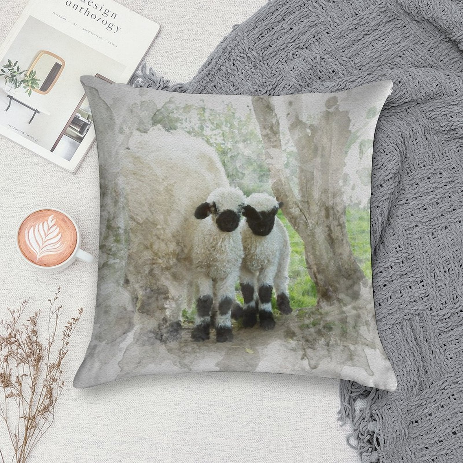 The Twins Watercolour Photograph - Valais Blacknose Lambs Soft Skin-Friendly Throw Pillow