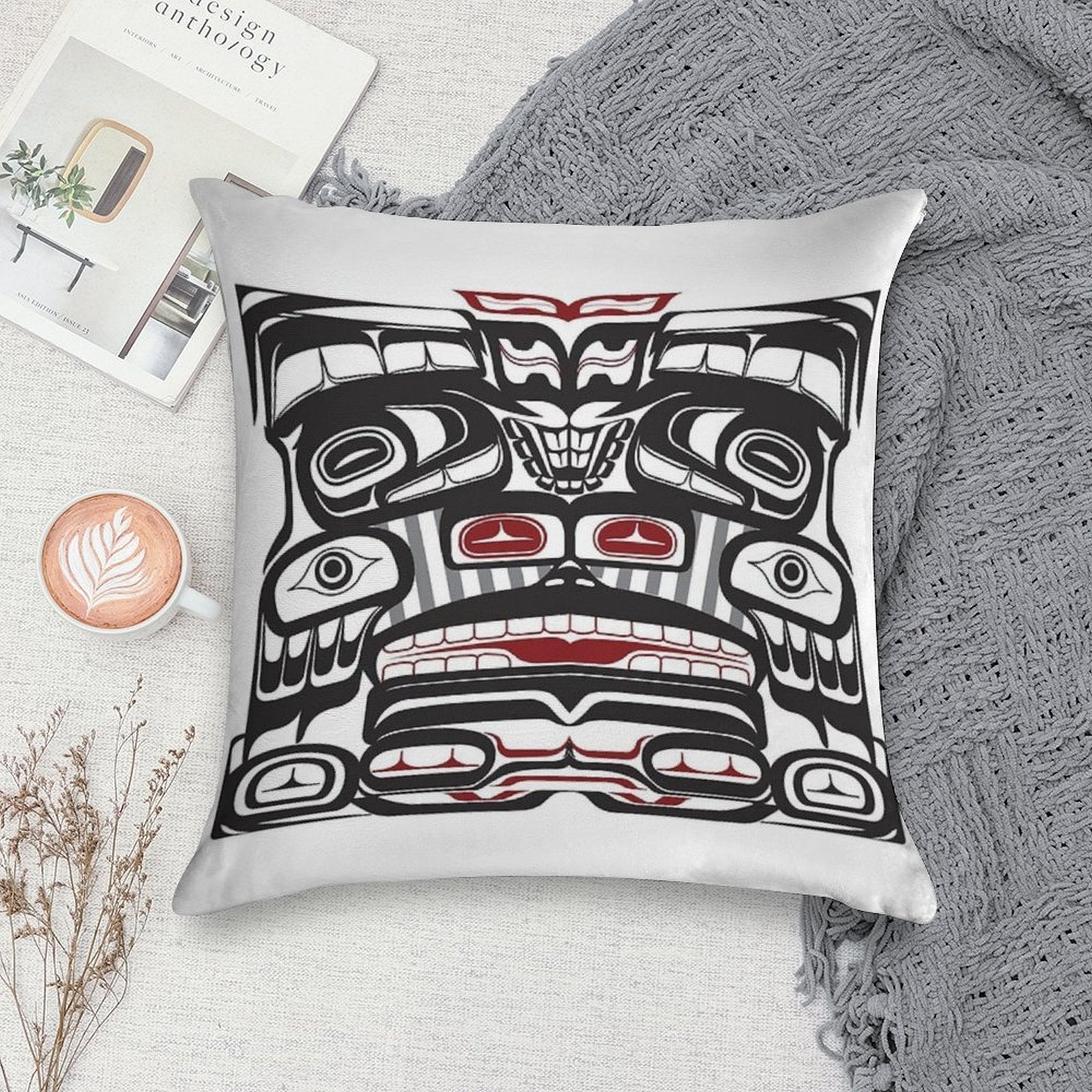 Thunderbird Bear Orca Totem Pole, Coastal Salish Haida Pacific North West Formline Design Native American Soft Fade-Resistant Throw Pillow
