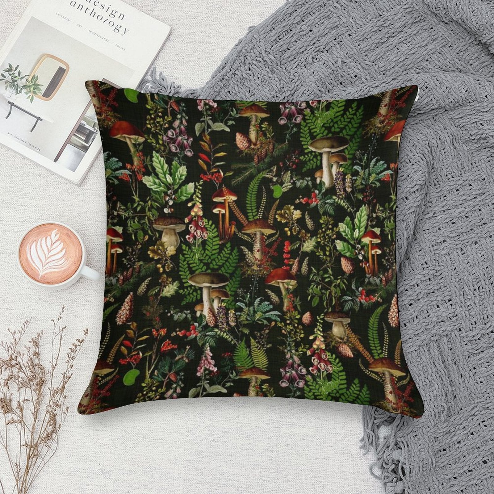 Vintage Mushrooms Forest Botanical Pattern - Black Botanical Night Garden Nightgarden Soft Anti-Pilling Throw Pillow