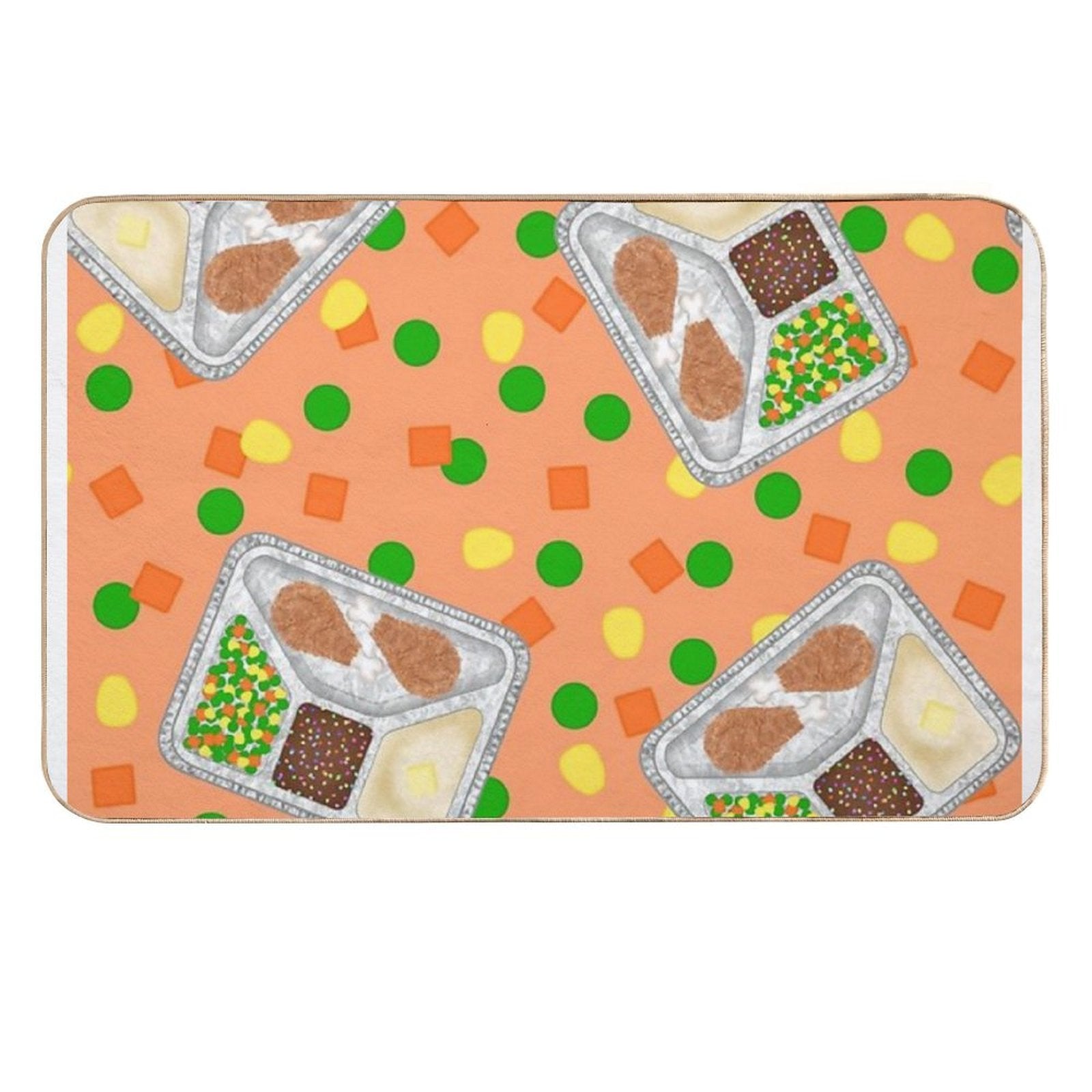 Retro 80’s TV Dinner Tray Food Fried Chicken Peas Corn Carrots On Light Pastel Orange Peach  Dirt-Trapping Bath Mat