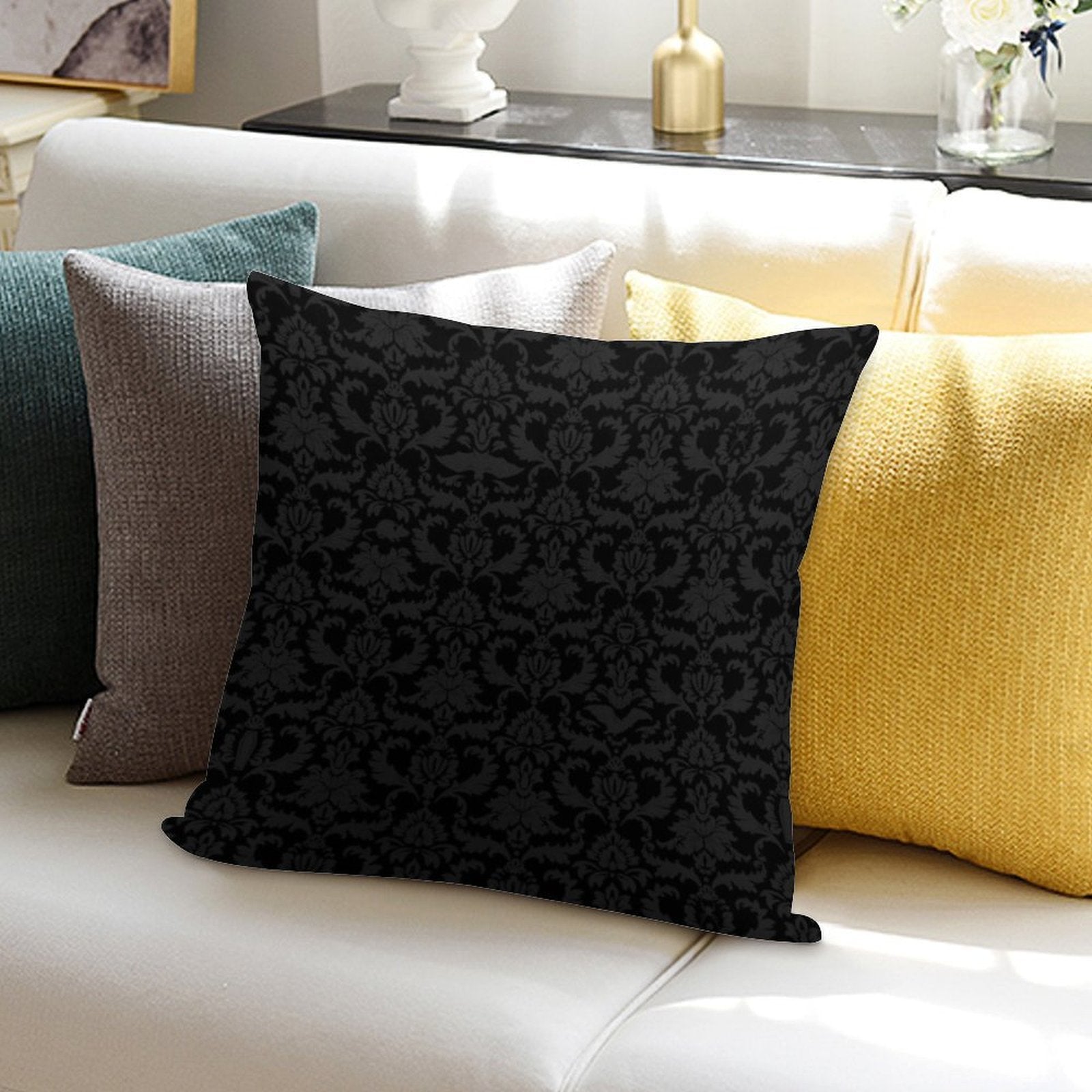 Victorian Gothic Pattern (Black) Soft Washable Throw Pillow