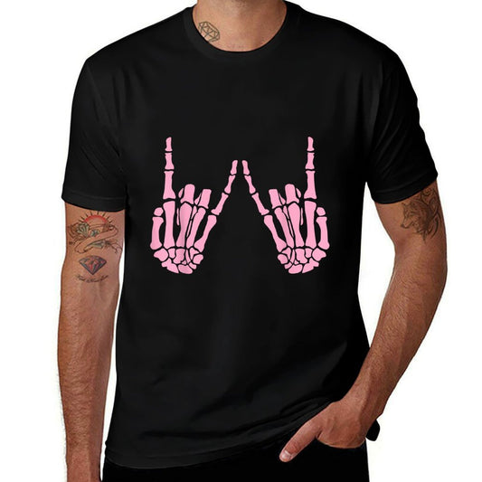 Skeleton Pink Rocker Hands Gothic Halloween Rock Music  Polyester Blend T-Shirt