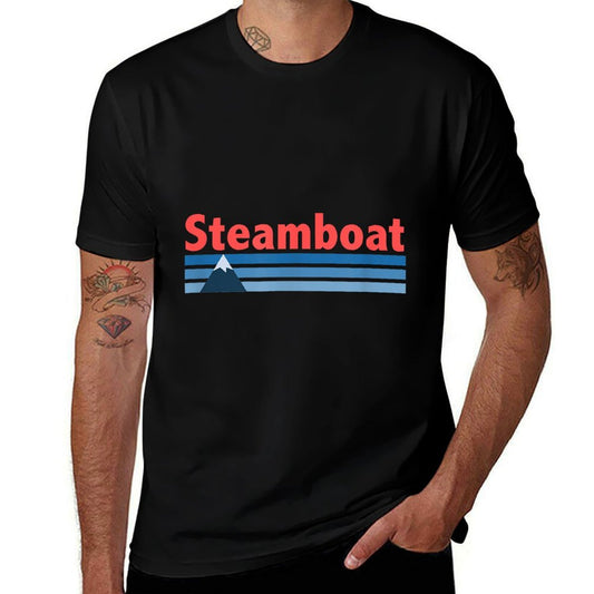 Retro Style Mountain - Steamboat Springs Colorado  Ribbed Collar T-Shirt