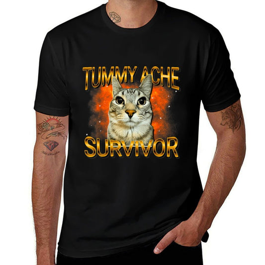 Tummy Ache Survivor Cat Meme Funny Saying Cats Animals  Rolled Sleeves T-Shirt
