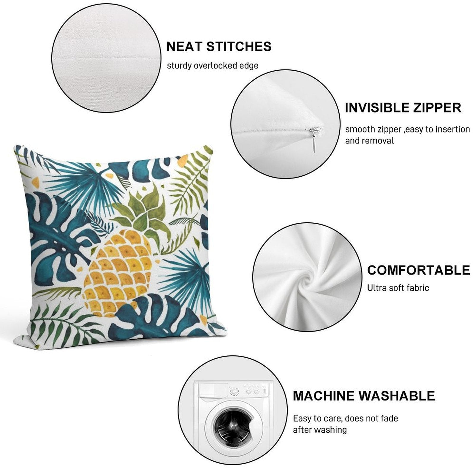 Golden Pineapple on Palm Leaves Foliage Soft Washable Throw Pillow