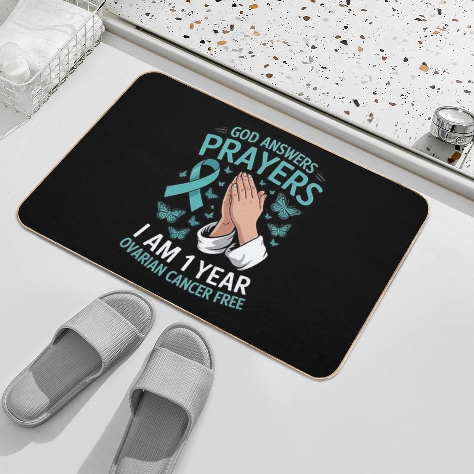 1 Year Ovarian Cancer Free God Prayer Cancer Awareness  Absorbent Bath Mat