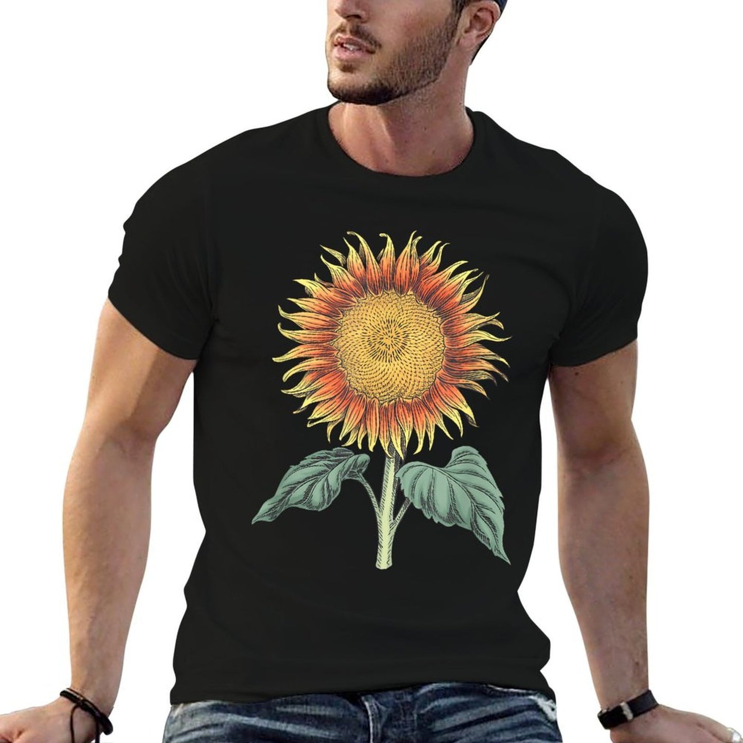 Vibrant Floral Blooming Sunflower Botanical Drawing  Heathered Texture T-Shirt