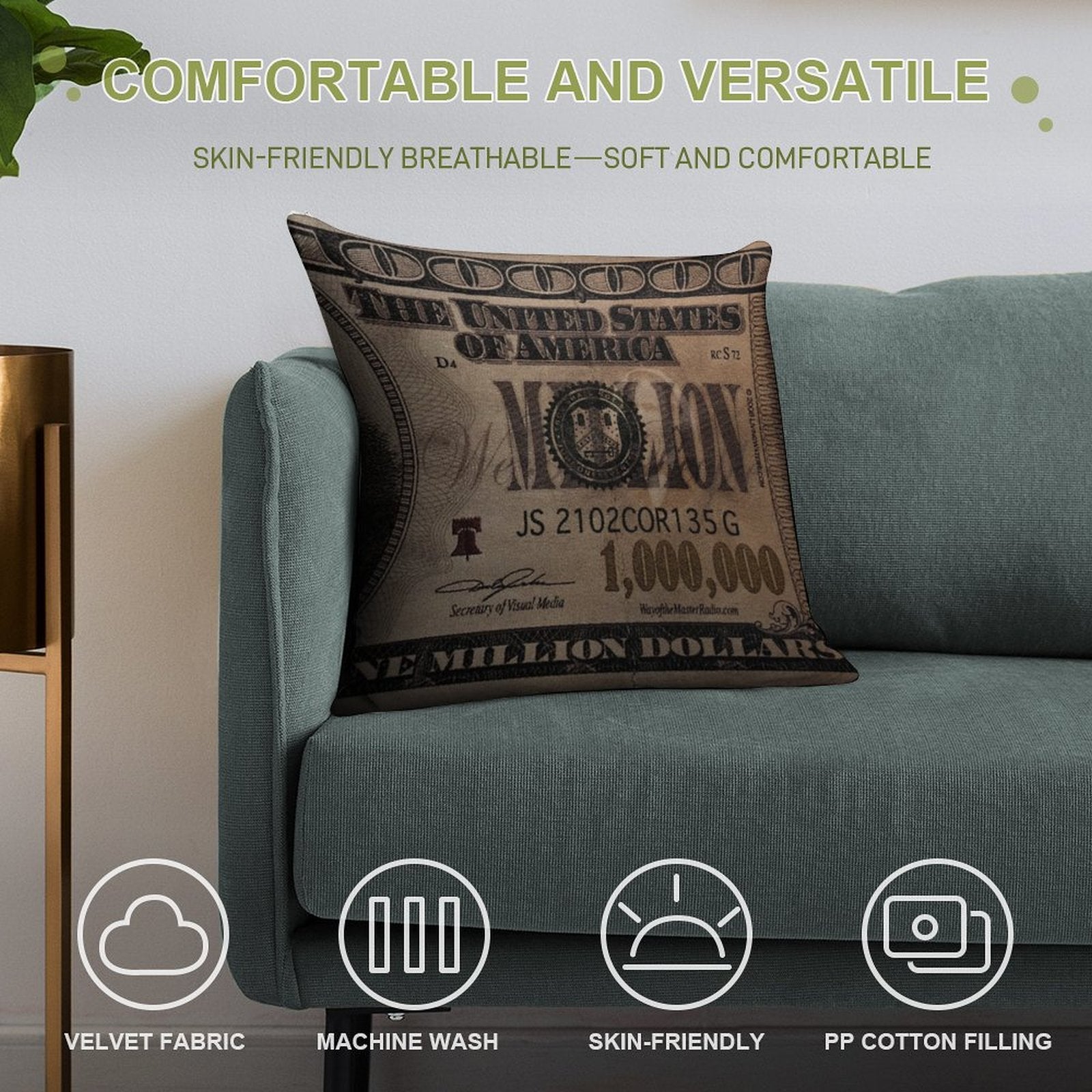 1 Million Dollar Bill Soft Durable Construction Throw Pillow
