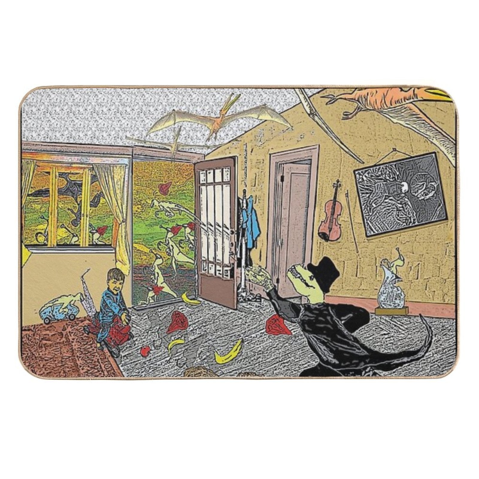 A Tuxedoed Dinosaur Helps Evict Rowdy Party-goers.  Odorless Bath Mat