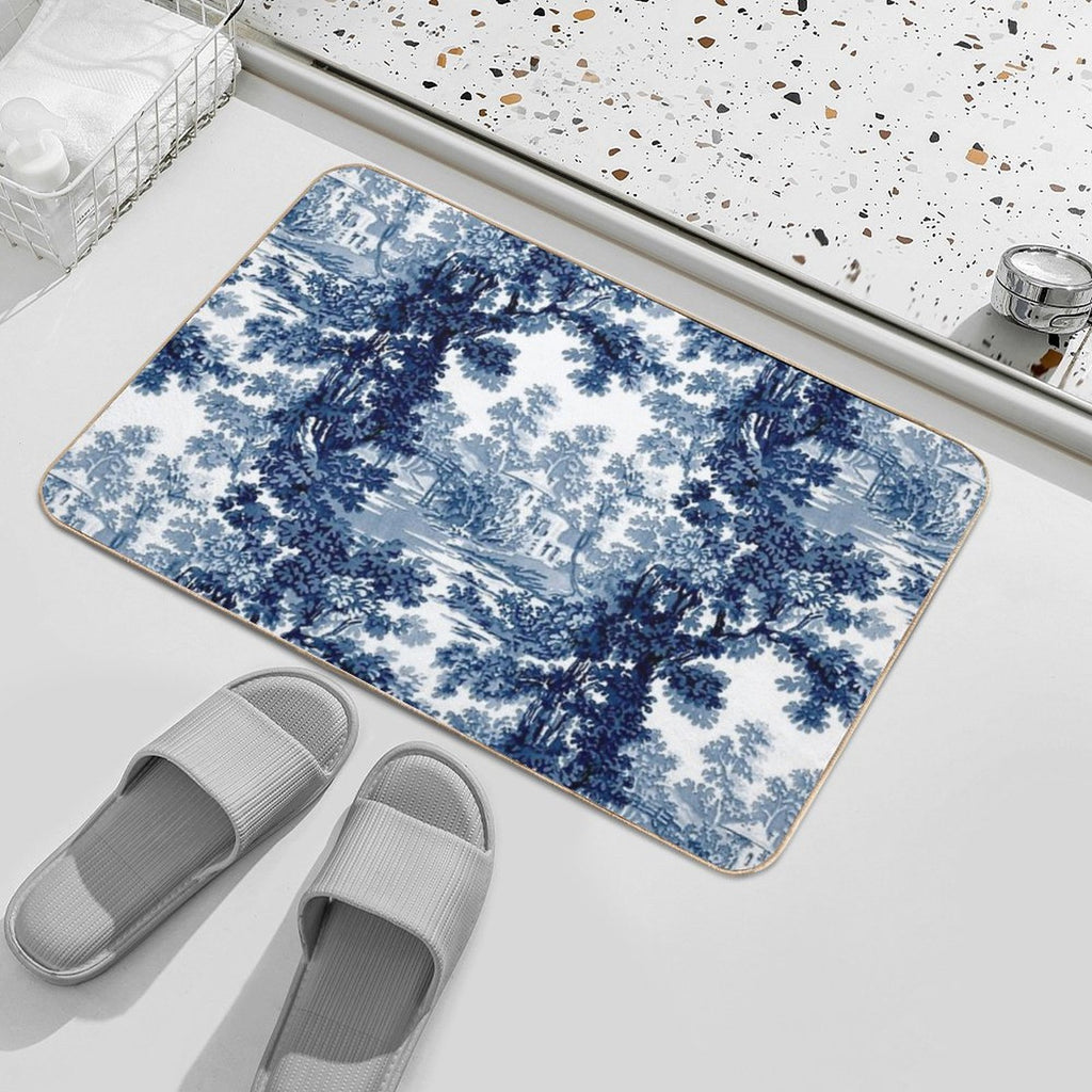 Vintage Landscape Toile-Blue & White  Easy To Clean Bath Mat