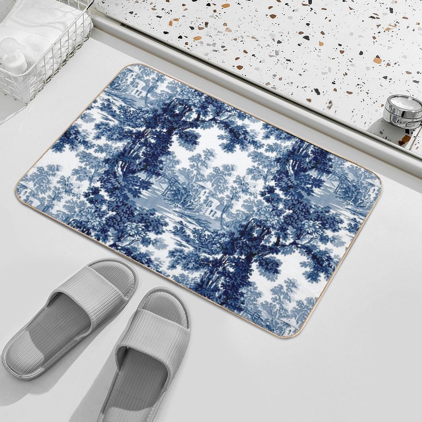 Vintage Landscape Toile-Blue & White  Easy To Clean Bath Mat