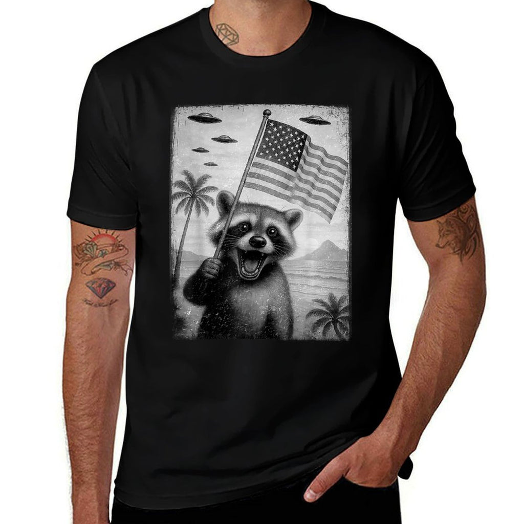 Funny Racoon Selfie with UFOs Meme 4th Of July Men Kid  High-quality Stitching T-Shirt