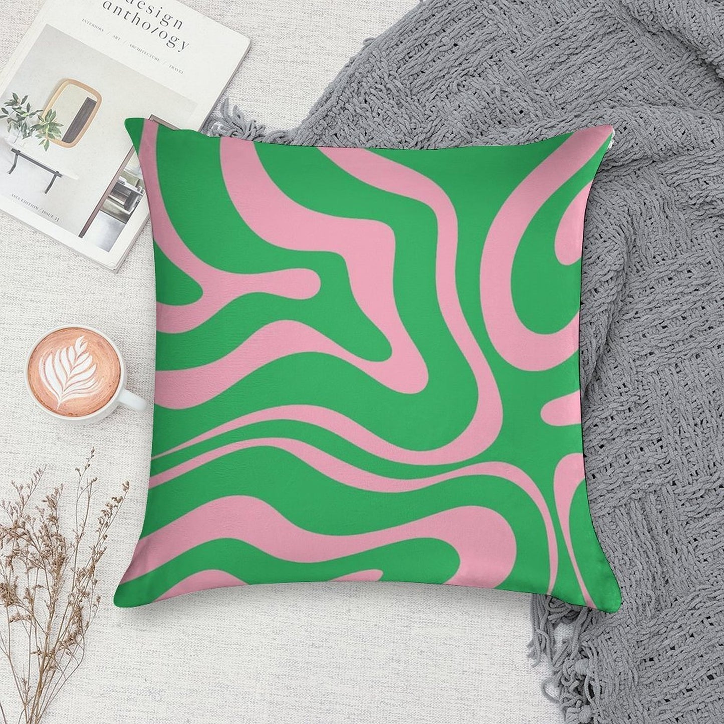 Retro Modern Liquid Swirl Abstract Pattern Square in Spring Green And Pink Soft Multiple Sizes Throw Pillow