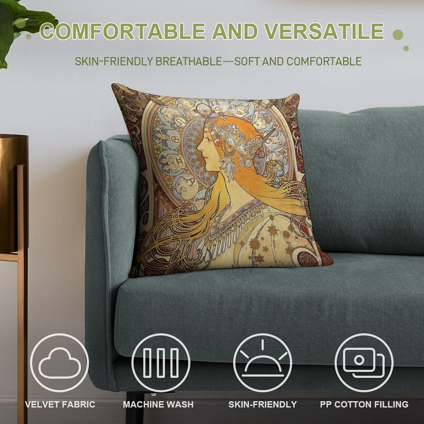 Alphonse Mucha Zodiac Art Nouveau Woman Soft Hidden Zipper Throw Pillow