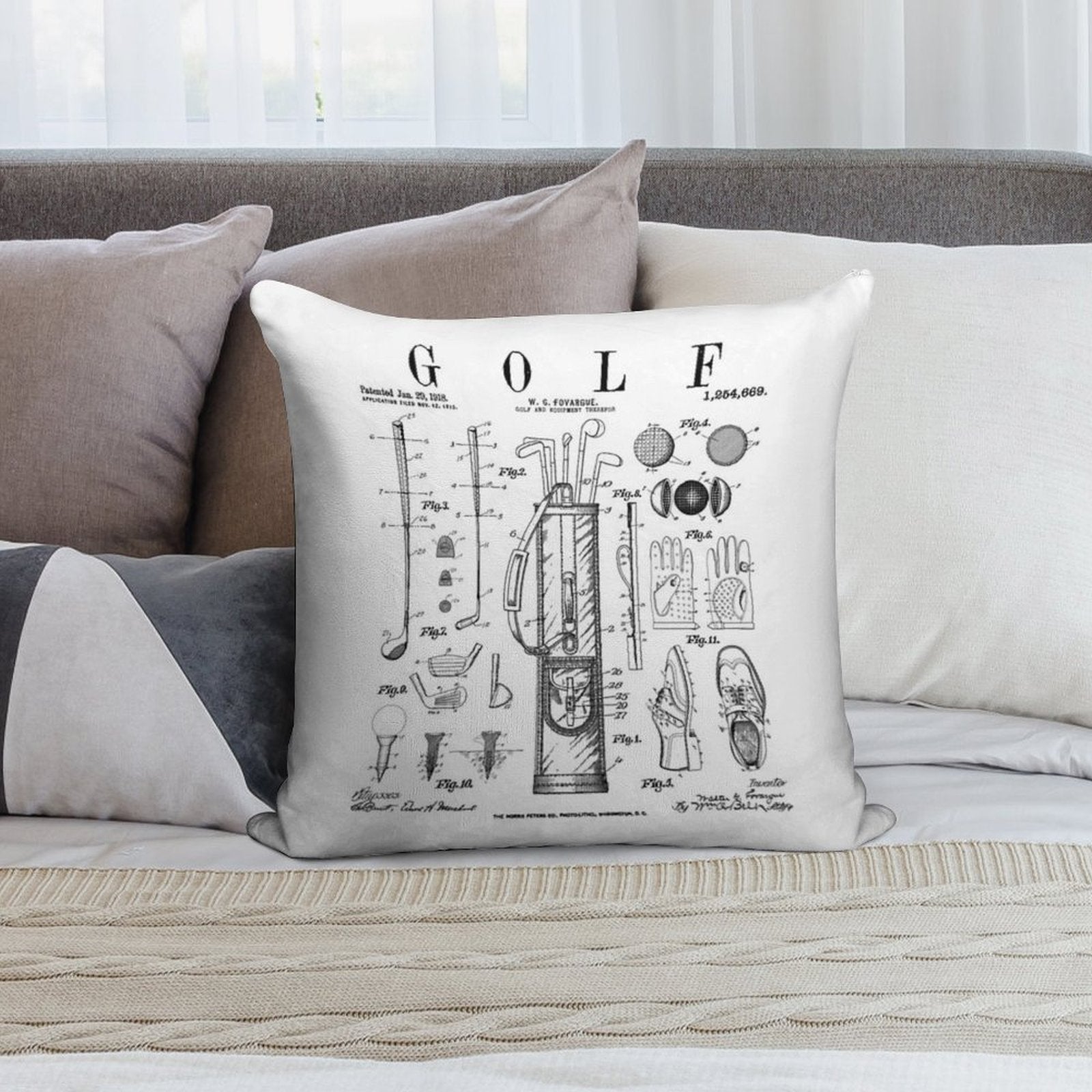 Golf Club Golfer Old Vintage Patent Drawing Print Soft Reinforced Edging Throw Pillow