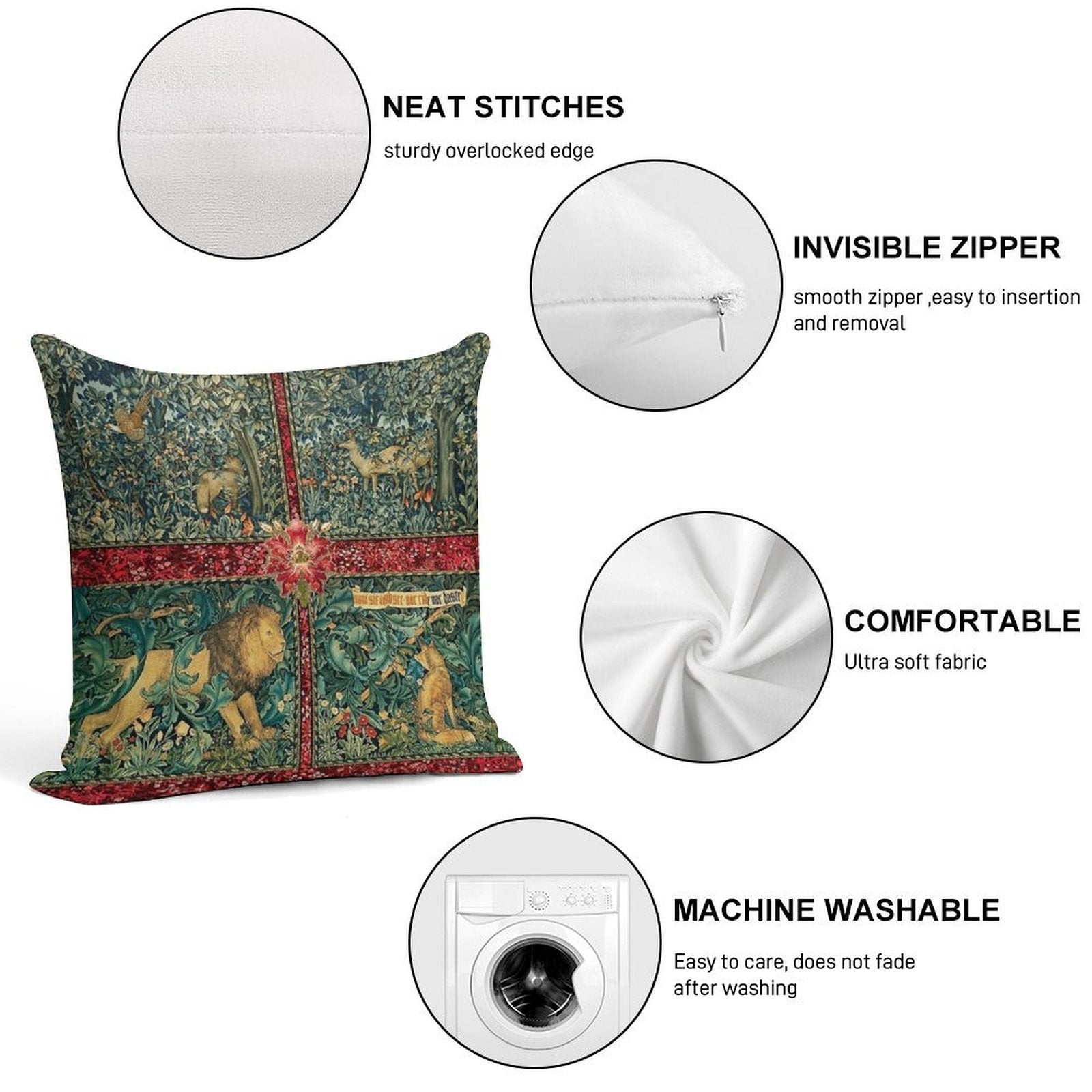GREENERY FOREST ANIMALS ,LION ,FOX,PHEASANT AND DOES Red Green Floral Tapestry Soft Ultra-Soft Texture Throw Pillow