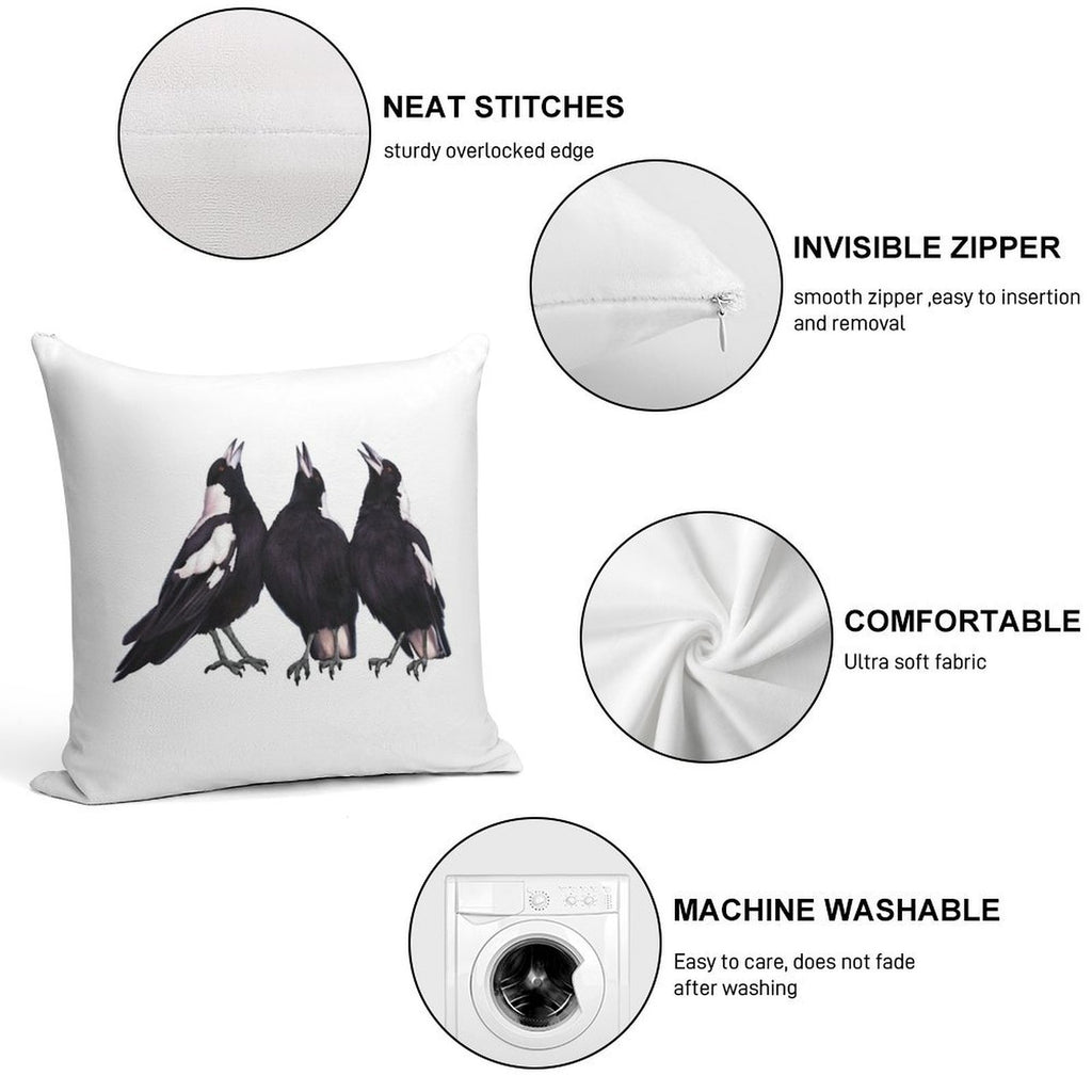 Trio of Warbling Magpies. Australian Theme Decor, Original Artwork. Unique Gift. Soft Luxury Feel Throw Pillow