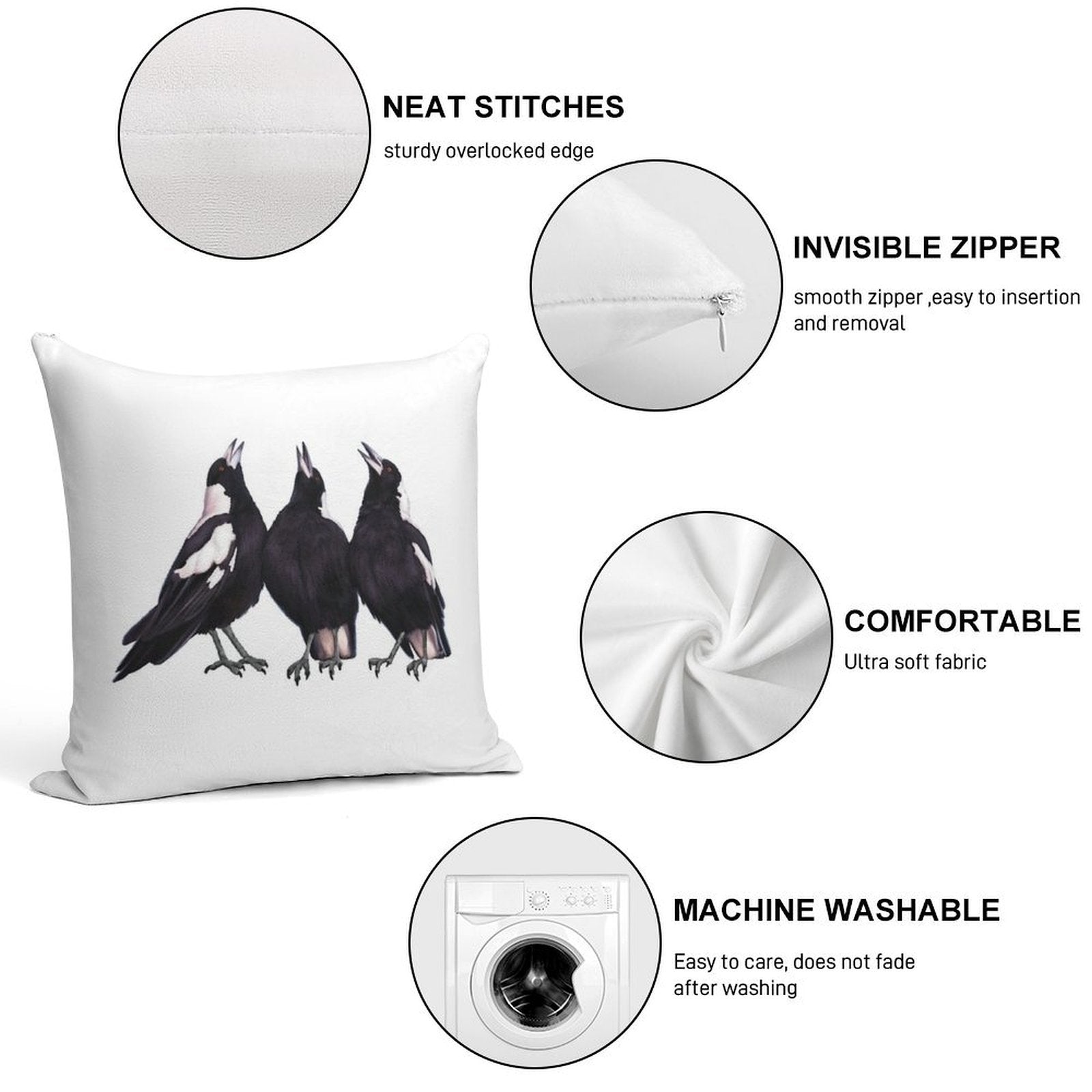 Trio of Warbling Magpies. Australian Theme Decor, Original Artwork. Unique Gift. Soft Luxury Feel Throw Pillow