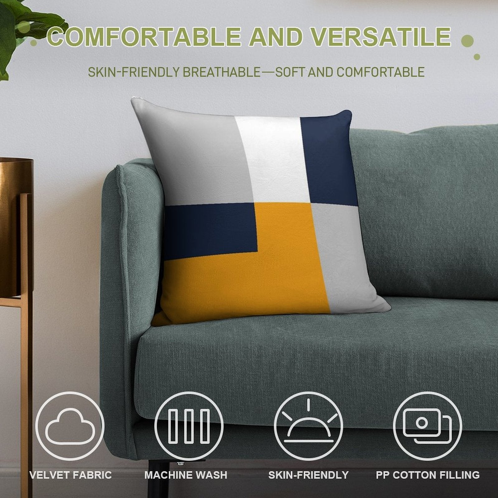 Modern Color Block - Navy, Grey And Yellow Soft Luxury Feel Throw Pillow
