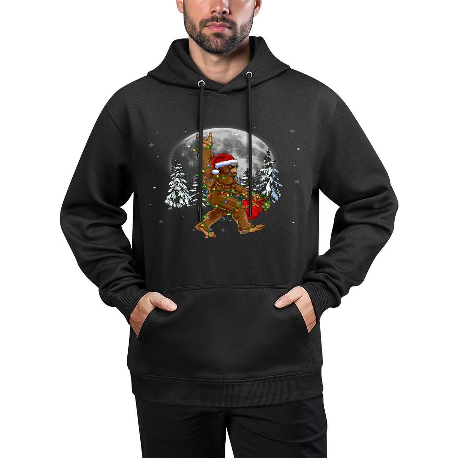 Bigfoot Santa Christmas Tree Lights Funny Xmas Sasquatch Medium-Weight Fabric Hoodie