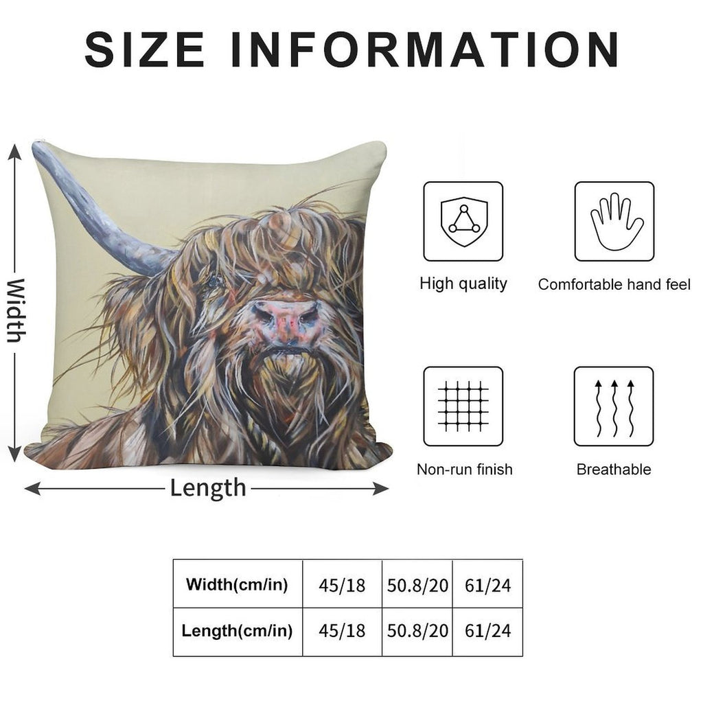 Wally McWindy. Highland Hairy Cow, Heilan Scottish Funny Coo Art by Award-winning UK Artist Sam Fenner Soft Warmth Comfort Throw Pillow