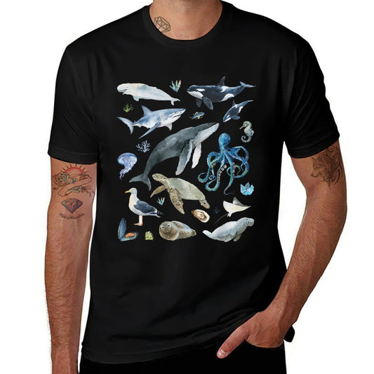 Vintage 90s Watercolor Sea Creatures  Rolled Sleeves T-Shirt