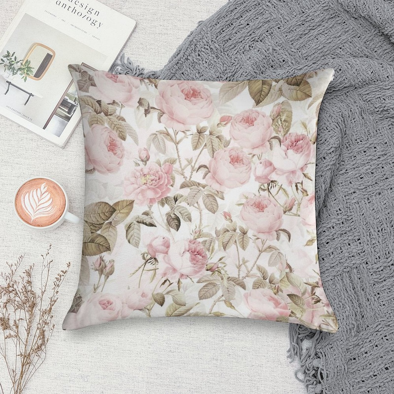 Sepia Old Vintage Roses Botanical Garden on Pink Pattern NightGarden Soft Gift Ready Throw Pillow