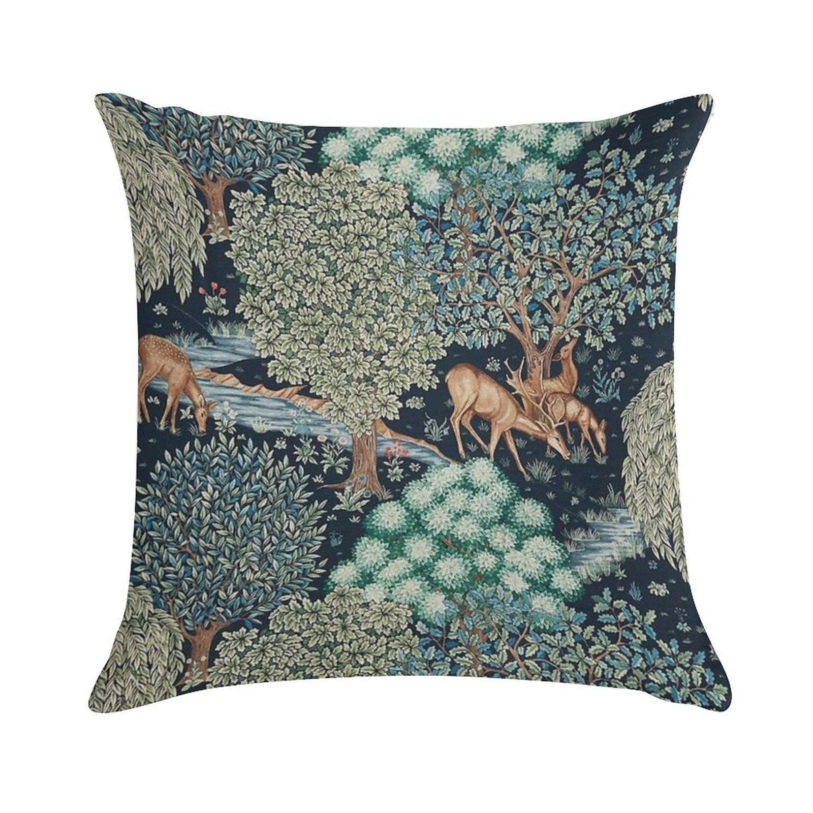 FOREST ANIMALS, DEERS BY A BROOK Blue Green Floral Soft Style Accent Throw Pillow