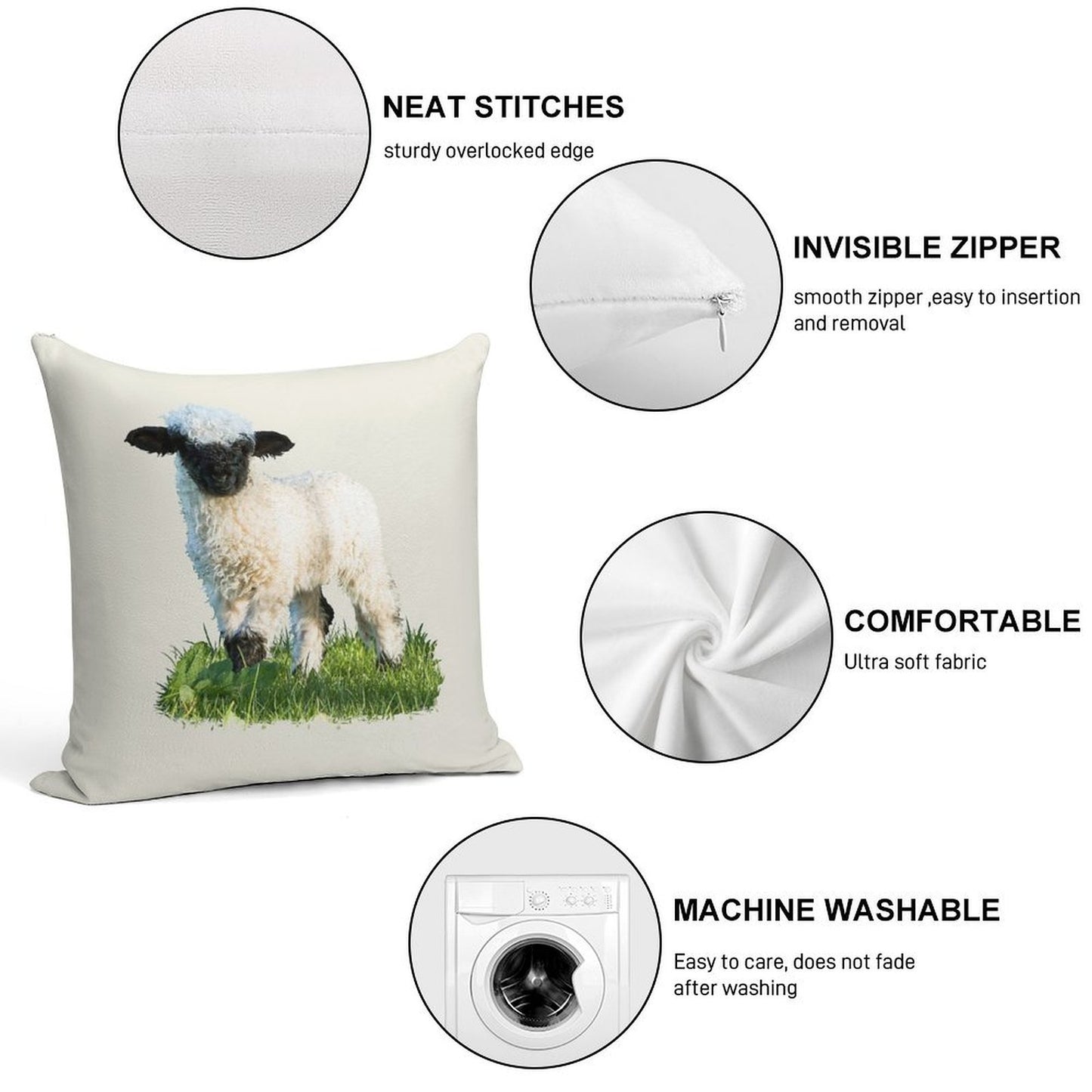 Valais Blacknose Lamb in A Meadow Placement Print Soft Reinforced Edging Throw Pillow