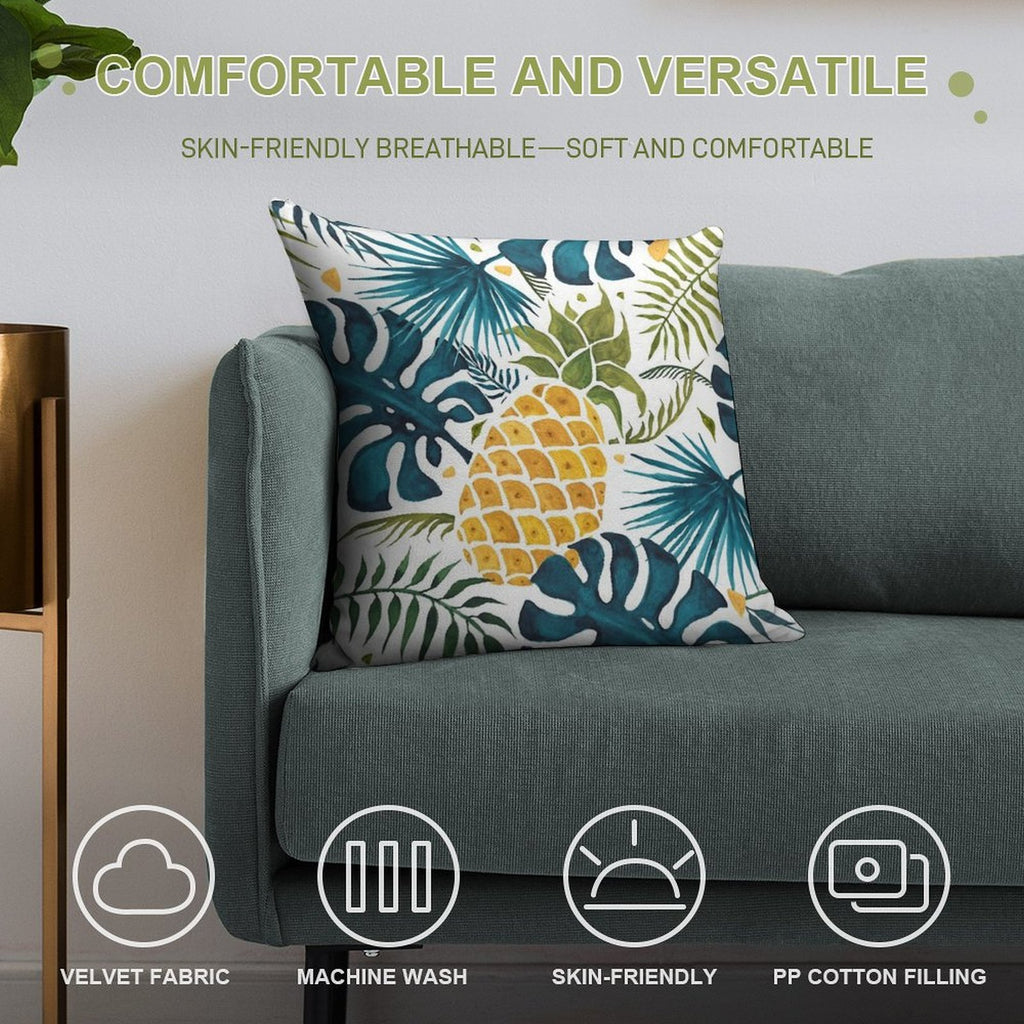 Golden Pineapple on Palm Leaves Foliage Soft Washable Throw Pillow