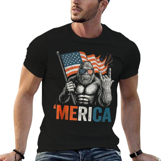 Vintage Bigfoot Merica Rock Usa Patriotic 4th of July  Ribbed Collar T-Shirt