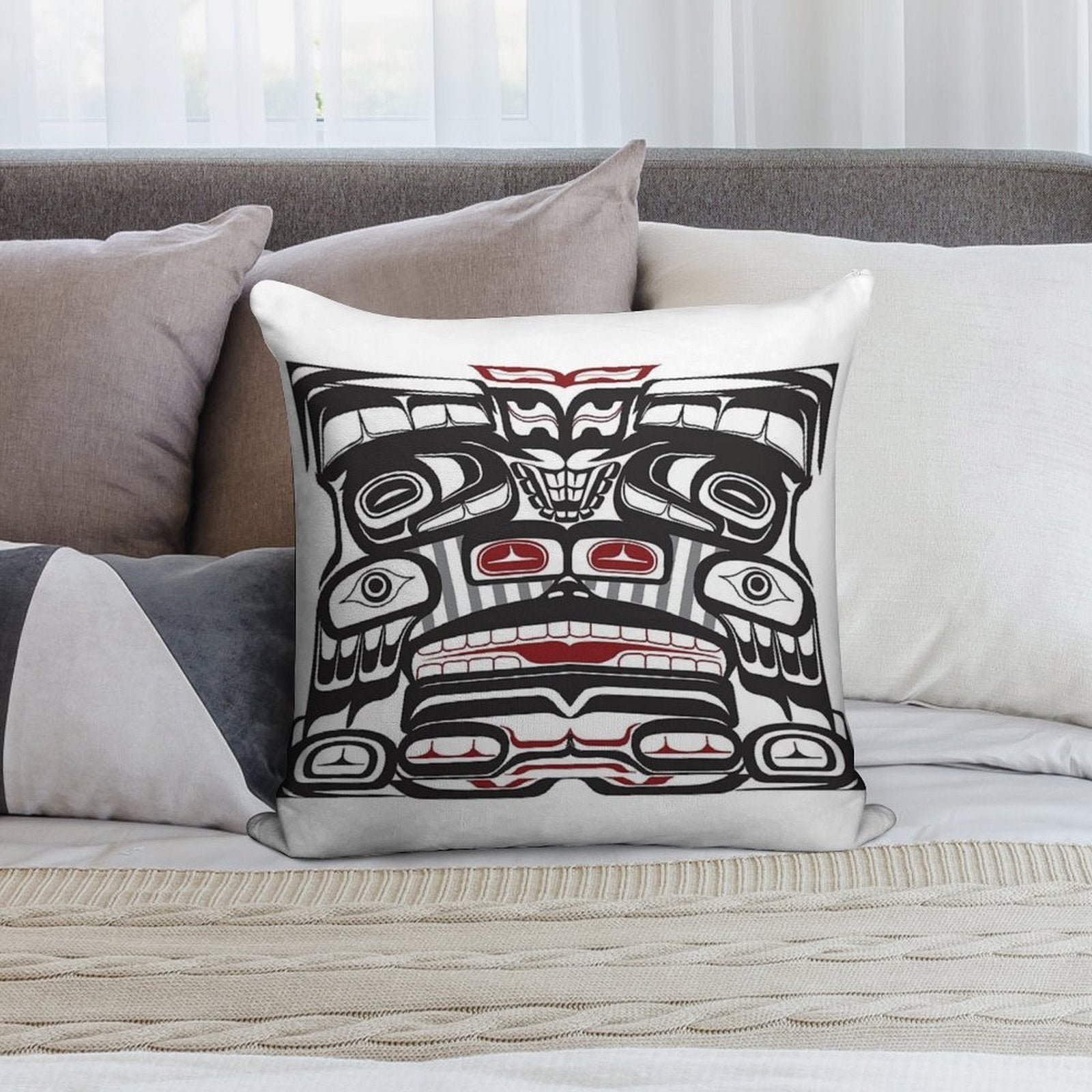 Thunderbird Bear Orca Totem Pole, Coastal Salish Haida Pacific North West Formline Design Native American Soft Fade-Resistant Throw Pillow