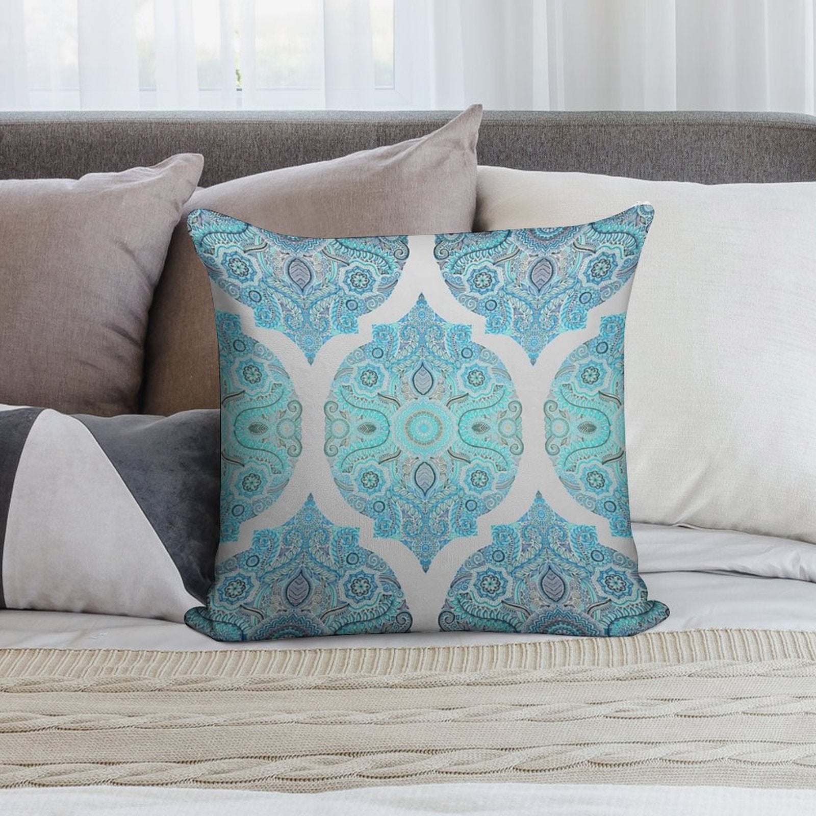 Through Ocean & Sky - Turquoise & Blue Moroccan Pattern Soft Luxury Feel Throw Pillow