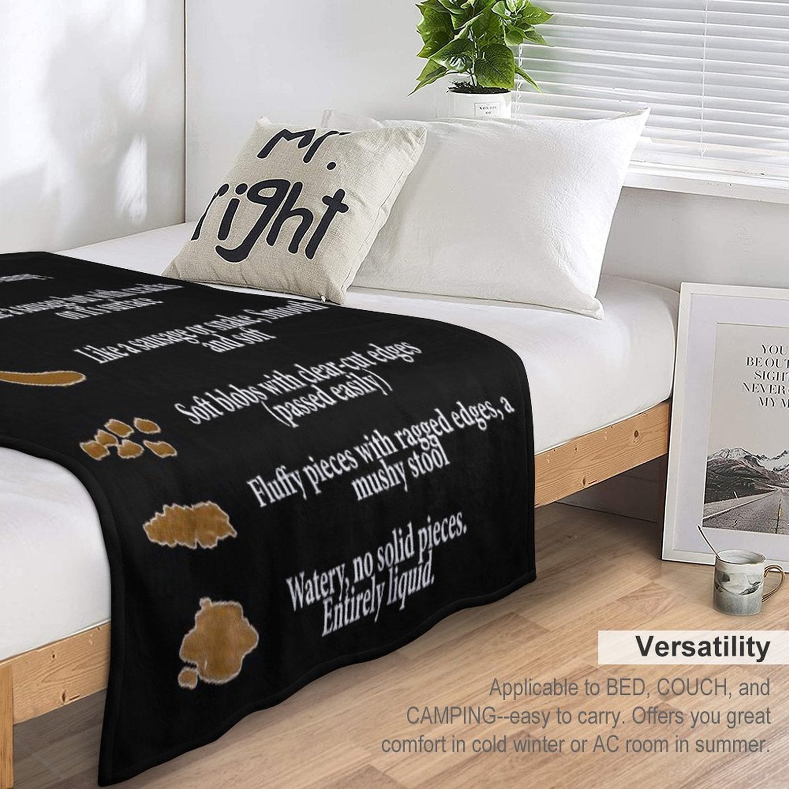Bristol Stool Chart in White Writing Black Background Sustainable Throw Blanket