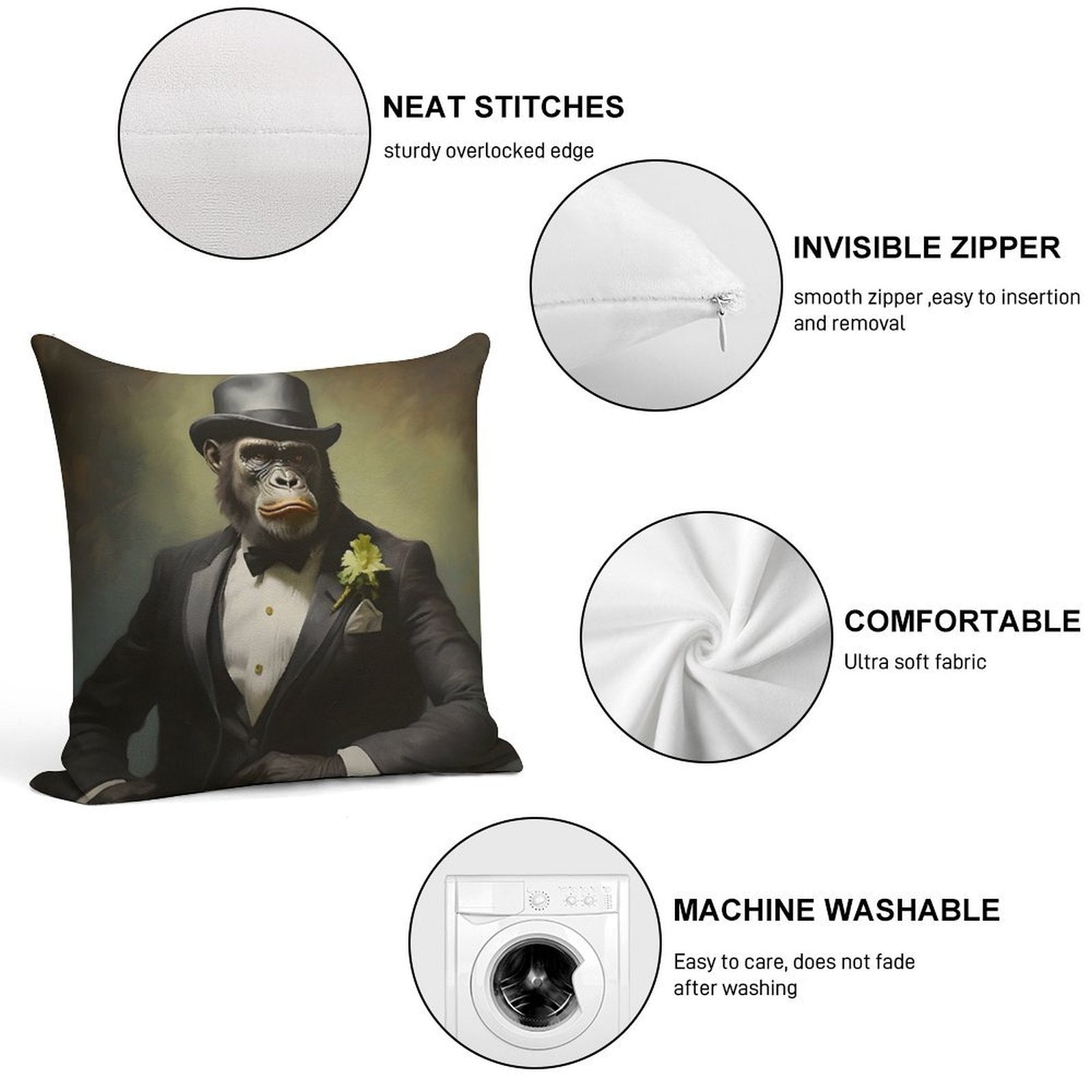 Gorilla Portrait Art Soft Hidden Zipper Throw Pillow